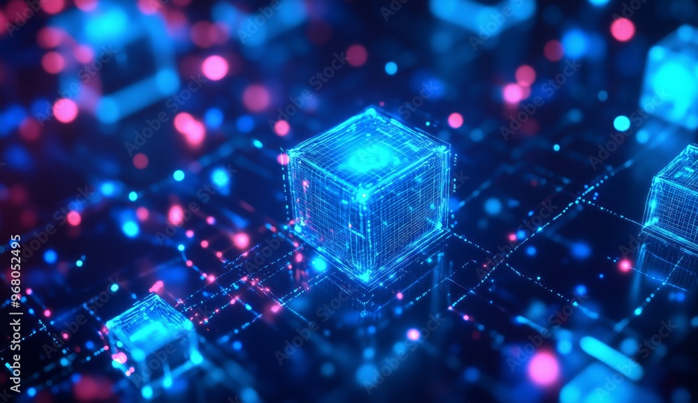 Abstract Digital Network with Glowing Cubes Abstract Digital Network with Glowing Cubes