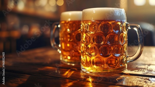 Two Full Beer Mugs on a Wooden Table