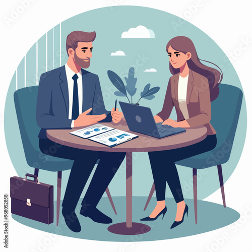 Partners meeting for business discussion with documents and laptop on desk. Couple at round table, speaking, discussing work, partnership. Flat vector illustration isolated on white background