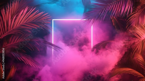 Palm Leaves Silhouetted Against a Pink and Blue Neon Light