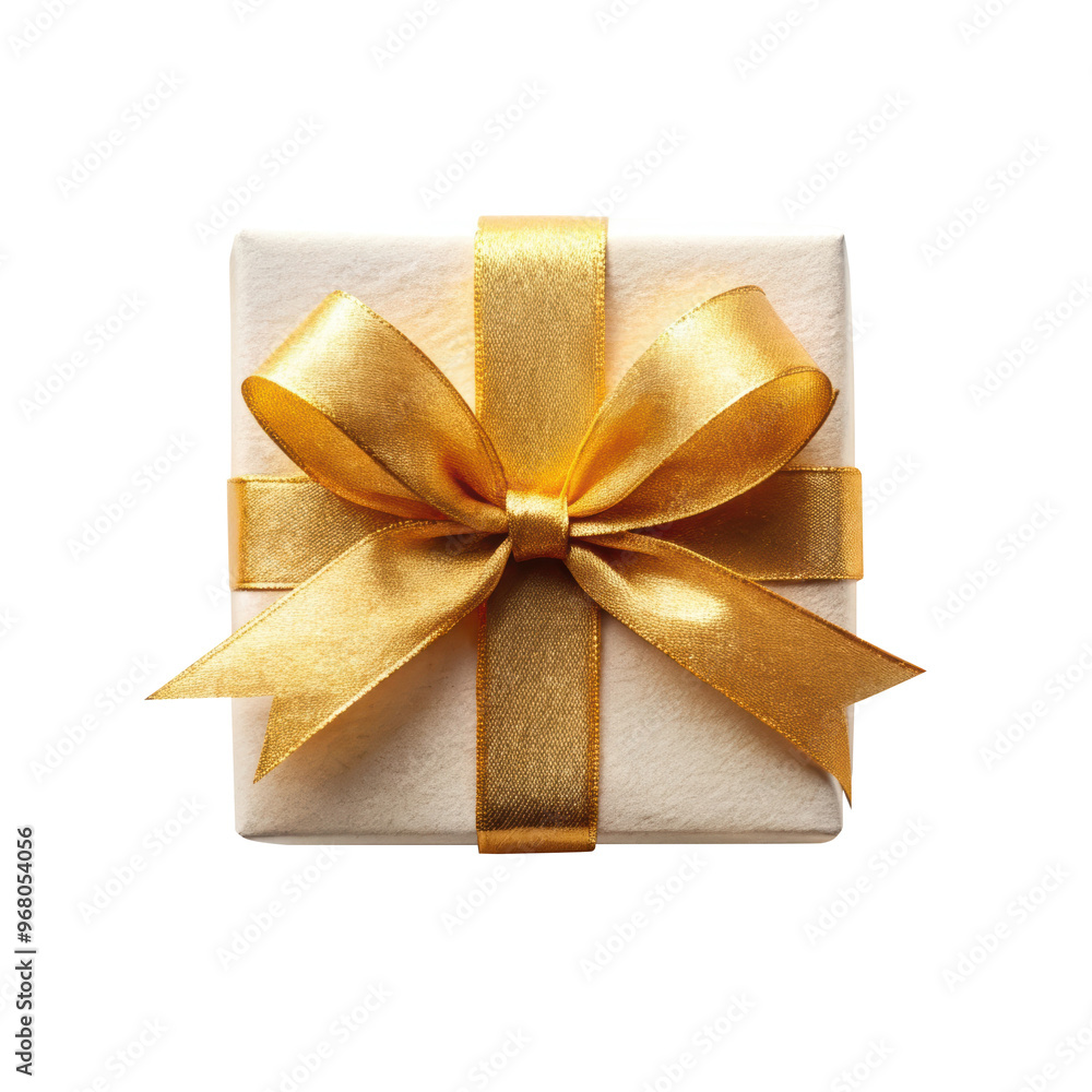 Cream gift box wrapped with a gold satin ribbon bow, ideal for luxury gift presentation at celebrations or special events. Isolated on transparent background, png. Cream gift box wrapped with a gold satin ribbon bow, ideal for luxury gift presentation at celebrations or special events. Isolated on transparent background, png.