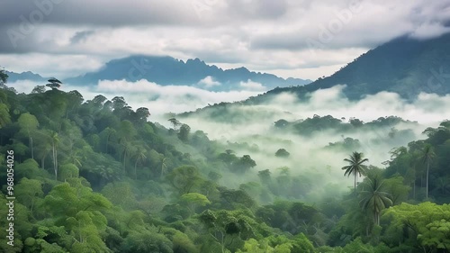 Lush green rainforest Iandscape with dense foliage,towering trees, and palm plants. photo