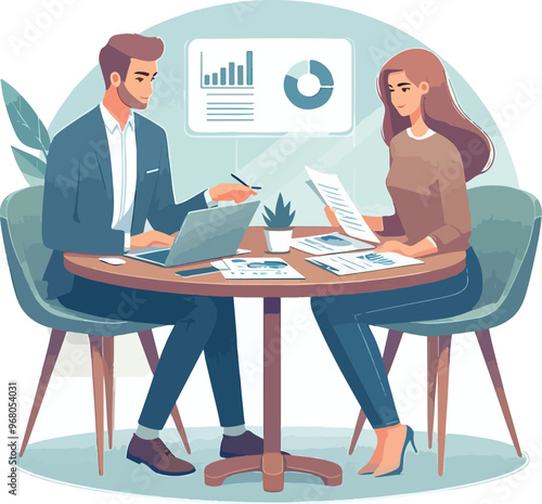 Partners meeting for business discussion with documents and laptop on desk. Couple at round table, speaking, discussing work, partnership. Flat vector illustration isolated on white background