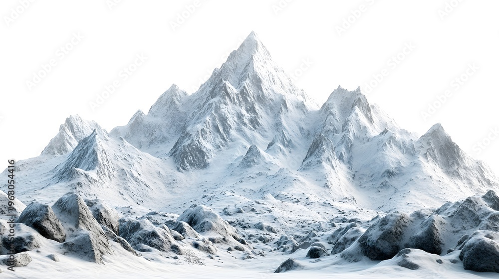 Obraz premium Snowy mountains surrounded by rocks, with some snow on the peaks and rocks covered in a white powder