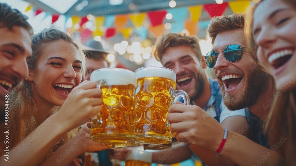 Group of friends clinking beer steins with laughter Group of friends clinking beer steins with laughter