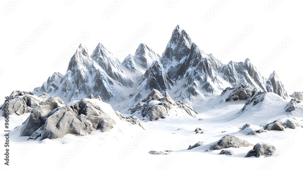 Obraz premium Snowy mountains surrounded by rocks, with some snow on the peaks and rocks covered in a white powder