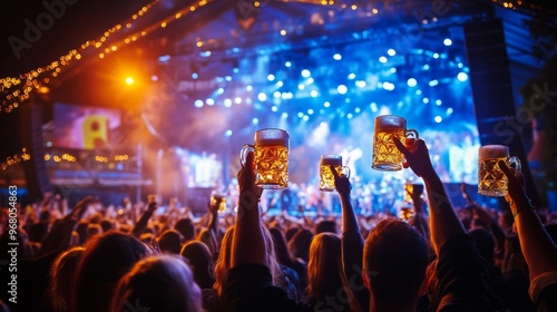 Crowd of People Raising Beer Mugs at Concert
