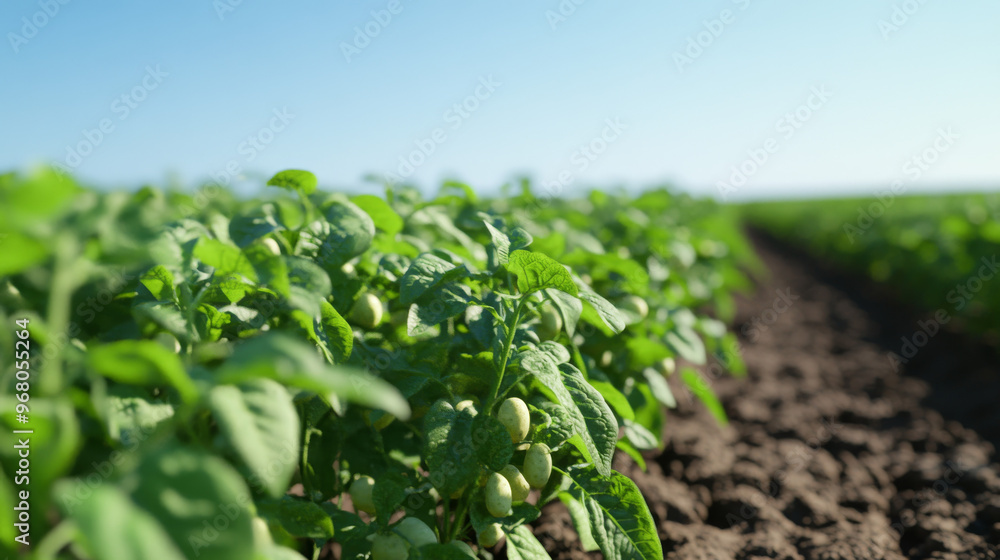 A field of green potato plants stretches out beneath a clear blue sky. A field of green potato plants stretches out beneath a clear blue sky.