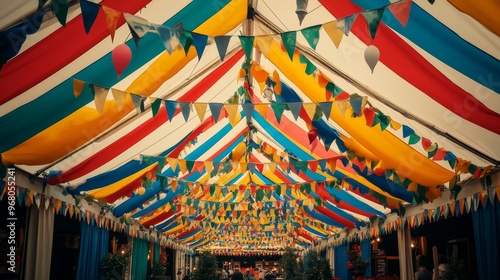 Colorful Flags and Banners Hanging from a Tent Canopy photo