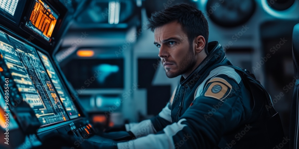 An astronaut works diligently at a high-tech control panel. The scene captures a futuristic space environment. The focus is on technology and adventure. Explore the unknown. AI