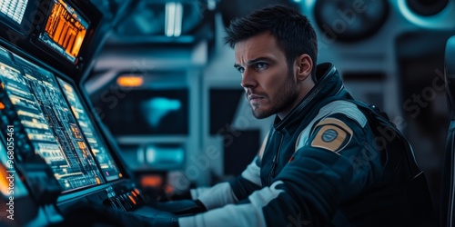 An astronaut works diligently at a high-tech control panel. The scene captures a futuristic space environment. The focus is on technology and adventure. Explore the unknown. AI