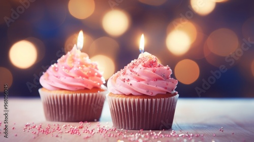 Delicious birthday cupcakes with colorful frosting and sprinkles on party table against soft, defocused bokeh lights for a festive celebration atmosphere