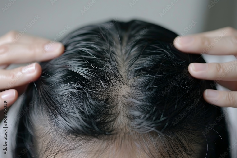 Naklejka premium Stressed Asian Woman Having Problem with Hair Loss, Thinning Hair, Gray Hair and Scalp.