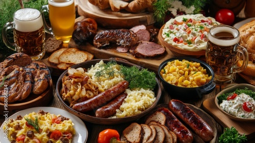 A Feast of German Food with Beer, Sausage, and Potatoes