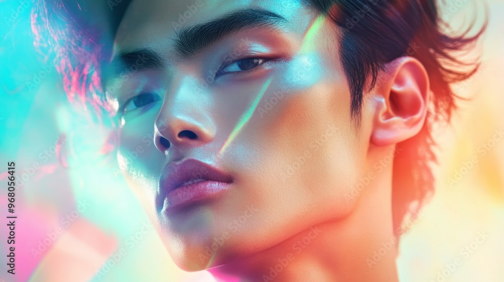 Obraz premium Close-up Portrait of a Young Man with Colorful Lighting