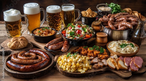 A Table Spread of German Cuisine with Beer, Sausages, and Sides photo