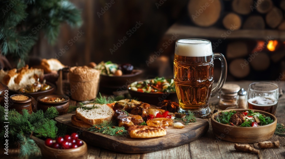 Rustic Table Setting with Beer, Appetizers, and Salad Rustic Table Setting with Beer, Appetizers, and Salad