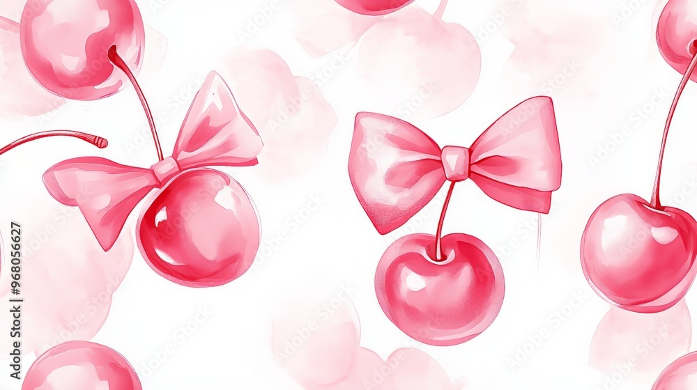 Pink Cherry Watercolor Pattern with Bows Pink Cherry Watercolor Pattern with Bows