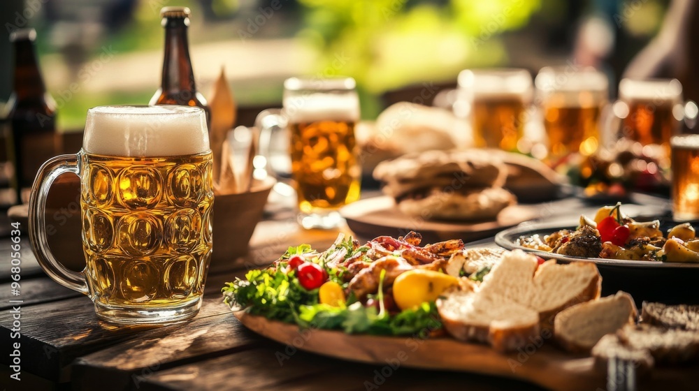 A Mug of Beer, Bread, and Grilled Meats on a Wooden Table A Mug of Beer, Bread, and Grilled Meats on a Wooden Table