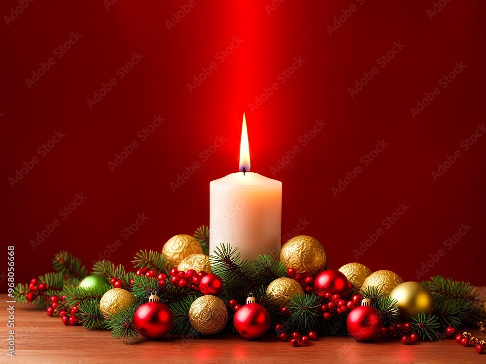 Christmas decoration on table, burning white candle baubles pine branches, red background, copy space Christmas decoration on table, burning white candle baubles pine branches, red background, copy space