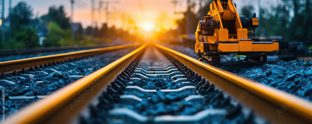 Obraz premium A close-up view of railroad tracks at sunset, highlighting the metal rails and gravel with a construction crane in the background.
