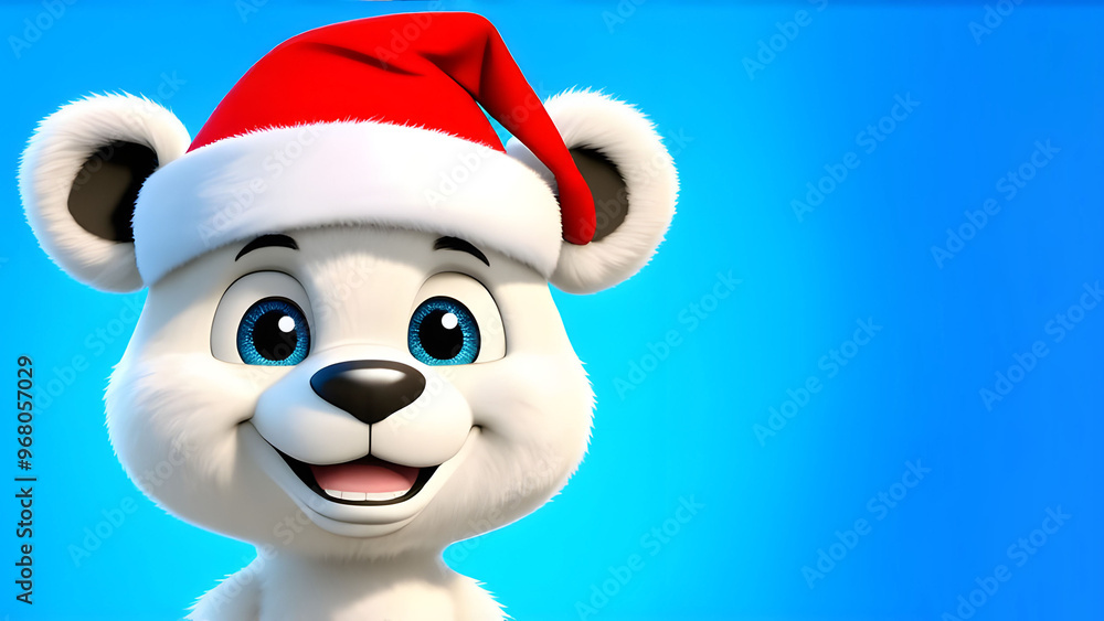 Cheerful polar bear cub in Santa hat on blue background. Cheerful polar bear cub in Santa hat on blue background.