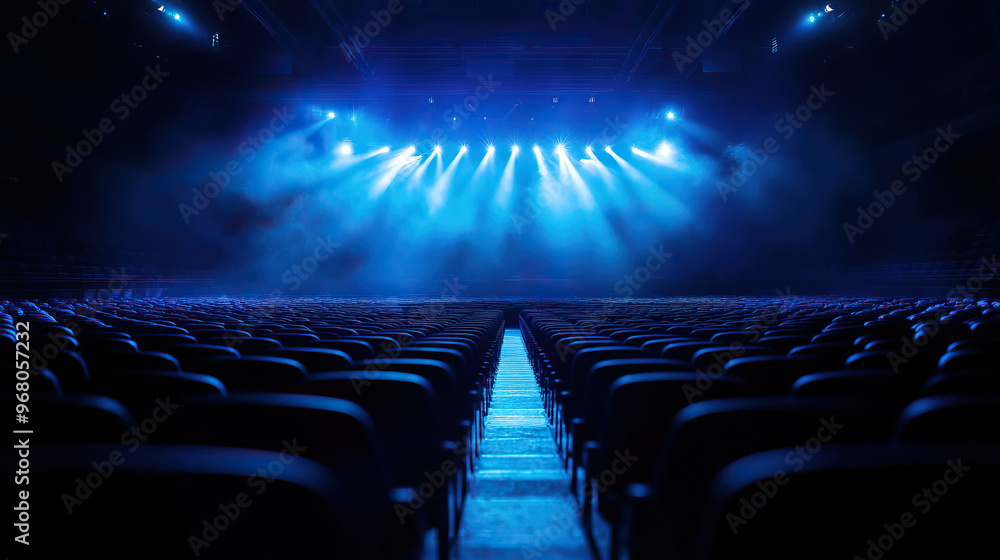 Fototapeta premium A dramatic view of an empty theater stage illuminated by blue lights, creating an anticipation for an exciting performance.