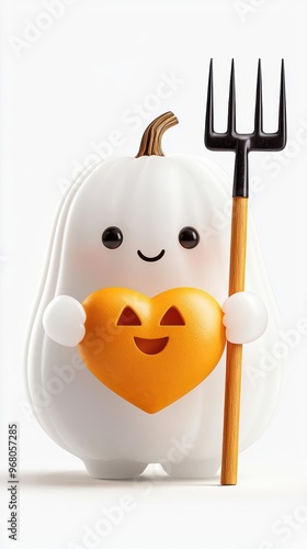 Chubby cute ghostly farm animals using a cobwebcovered pitchfork, holding heartshaped icecream, Halloween love, 3D illustration photo