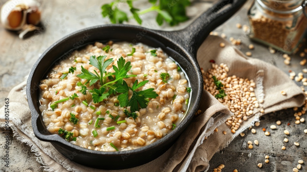 Healthy Buckwheat Porridge with Herbs in Black Pan on Light Background with Copy Space Healthy Buckwheat Porridge with Herbs in Black Pan on Light Background with Copy Space