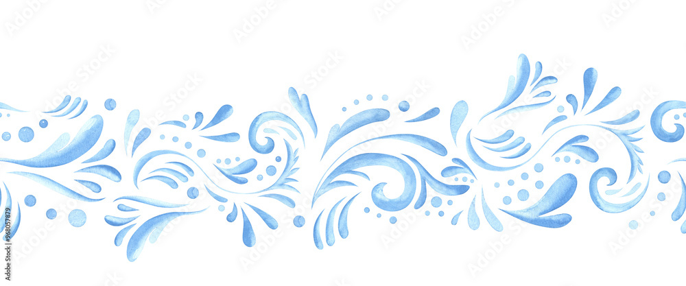Christmas seamless border, banner with light blue snowflakes for your text in vintage watercolor style. Watercolor hand drawn holiday frosty illustration on white background. Christmas seamless border, banner with light blue snowflakes for your text in vintage watercolor style. Watercolor hand drawn holiday frosty illustration on white background.