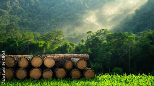 A serene view of stacked logs on lush grass with a backdrop of misty mountains and vibrant green foliage.