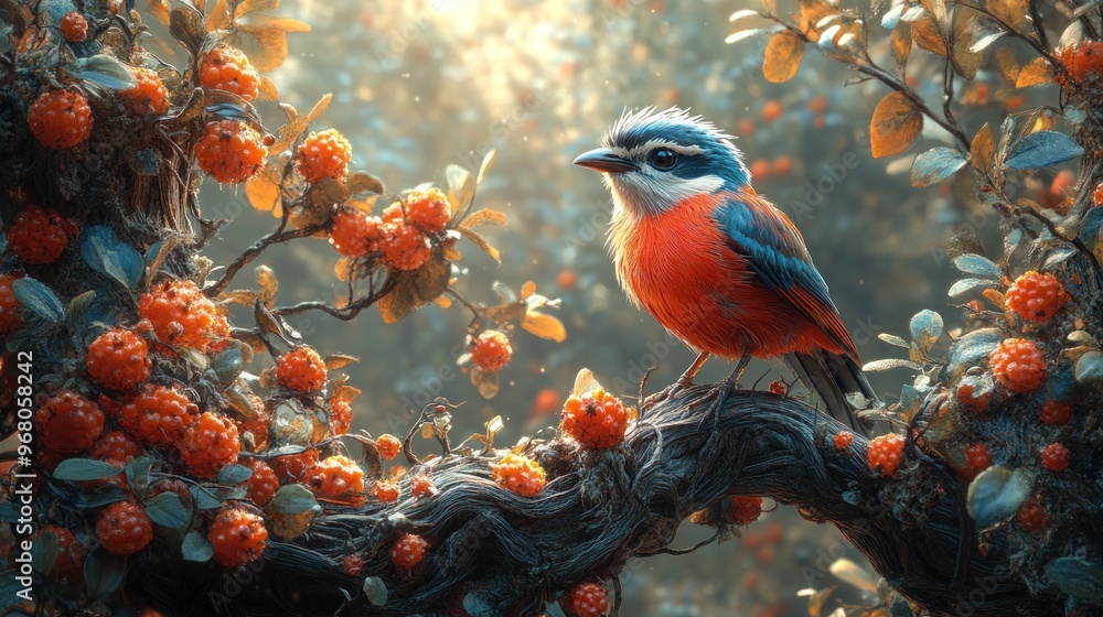 A vibrant bird perched among colorful berries in a serene setting. A vibrant bird perched among colorful berries in a serene setting.