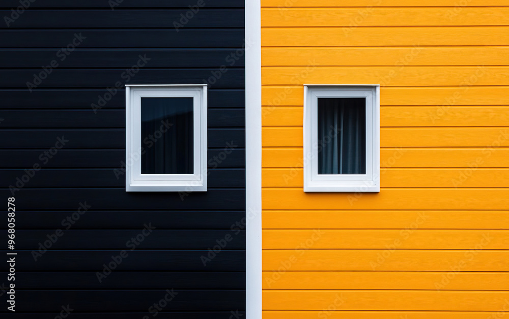 A striking contrast of black and orange wooden walls with square windows, creating a bold architectural statement. A striking contrast of black and orange wooden walls with square windows, creating a bold architectural statement.