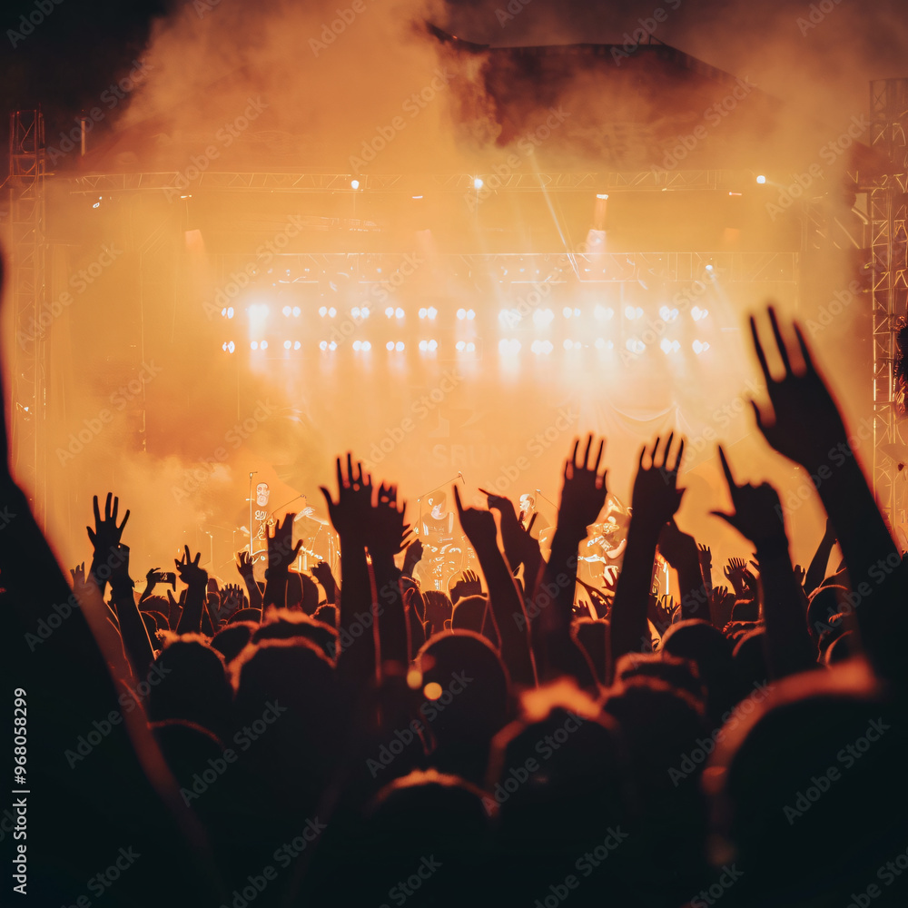Crowd of people with raised arms having fun at music Crowd of people with raised arms having fun at music