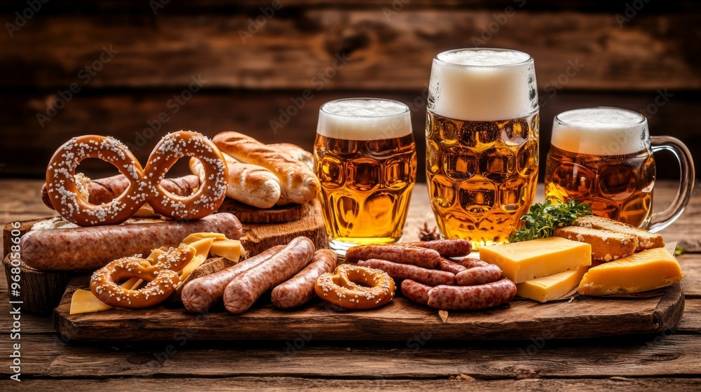 Beer, Pretzels, Sausage, and Cheese on Wooden Table Beer, Pretzels, Sausage, and Cheese on Wooden Table