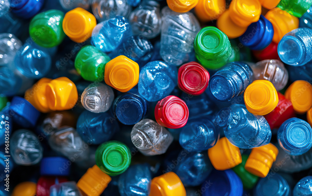 A vibrant collection of colorful plastic bottle caps piled together, showcasing recycling efforts and environmental awareness. A vibrant collection of colorful plastic bottle caps piled together, showcasing recycling efforts and environmental awareness.