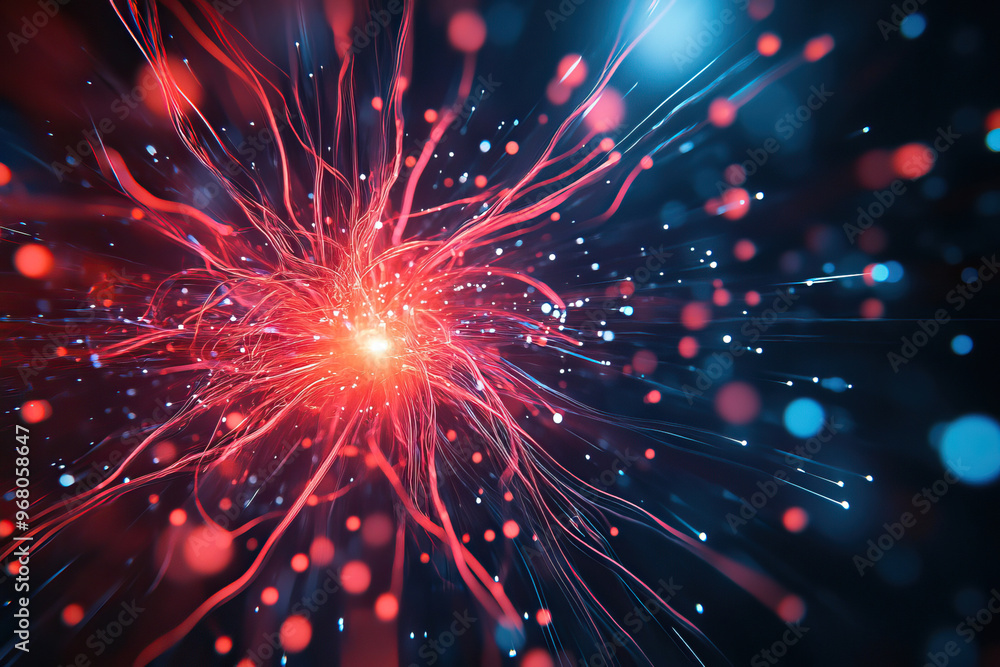 A vibrant digital illustration depicting a glowing network of energy with dynamic tendrils, blending colors of red and blue. A vibrant digital illustration depicting a glowing network of energy with dynamic tendrils, blending colors of red and blue.