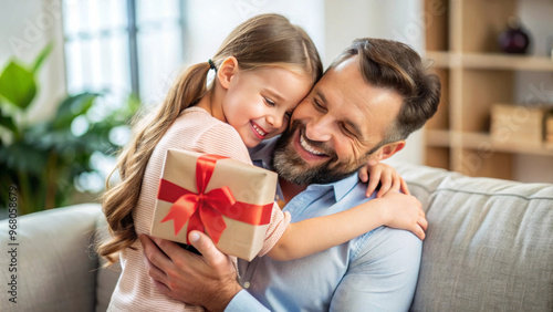 A joyful girl is hugging her happy father while holding beautifully wrapped gift, creating heartwarming moment of love and connection