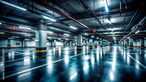 A spacious dark parking garage with industrial design, featuring polished floors and bright overhead lights. atmosphere is modern and expansive, ideal for urban settings