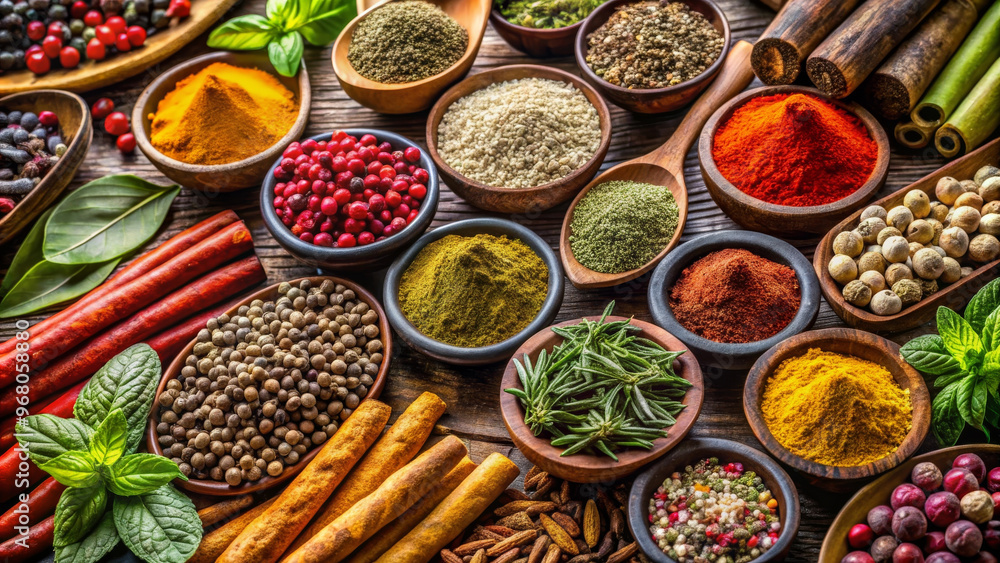 A vibrant selection of herbs and spices displayed in bowls, showcasing variety of colors and textures. This close up captures essence of culinary diversity and flavor A vibrant selection of herbs and spices displayed in bowls, showcasing variety of colors and textures. This close up captures essence of culinary diversity and flavor
