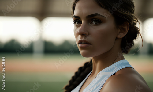 AI-generated illustration of a confident female athlete in sports gear, preparing for competition on the field under stadium lights, embodying strength, focus, and determination in a high-energy sport Free Download AI-generated illustration of a confident female athlete in sports gear, preparing for competition on the field under stadium lights, embodying strength, focus, and determination in a high-energy sport - GFXLoad