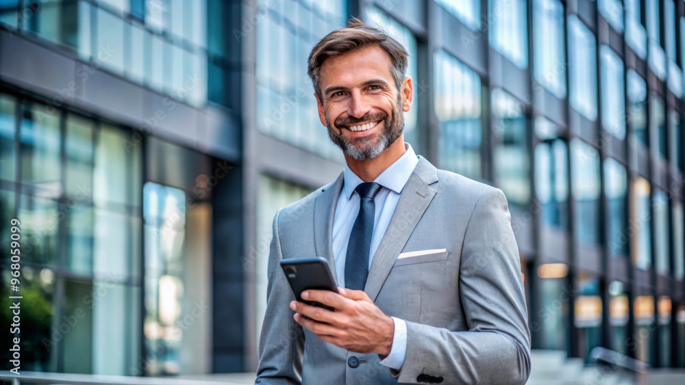 A confident man in gray suit smiles while holding smartphone outside modern building, showcasing professional and approachable demeanor A confident man in gray suit smiles while holding smartphone outside modern building, showcasing professional and approachable demeanor