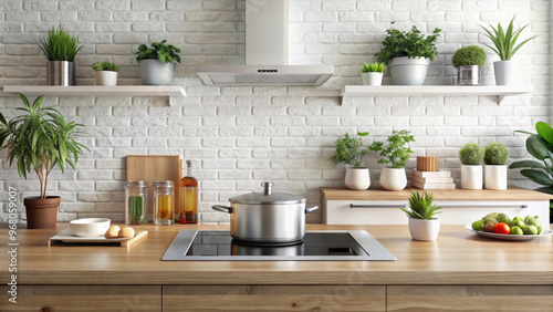 Wallpaper Mural Modern white kitchen interior with pot on electric stove, surrounded by lush greenery and stylish decor. warm wooden surfaces create cozy atmosphere Torontodigital.ca