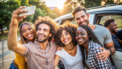 Wallpaper Mural Friends enjoying joyful moment while taking selfie near car, capturing their happiness and connection. diverse group showcases friendship and fun Torontodigital.ca