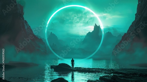 A lone figure stands on the edge of a futuristic world