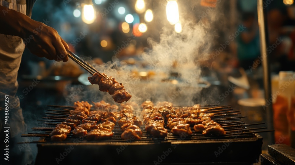 Fototapeta premium Evening street vendor grilling skewers at a vibrant night market in a bustling city atmosphere