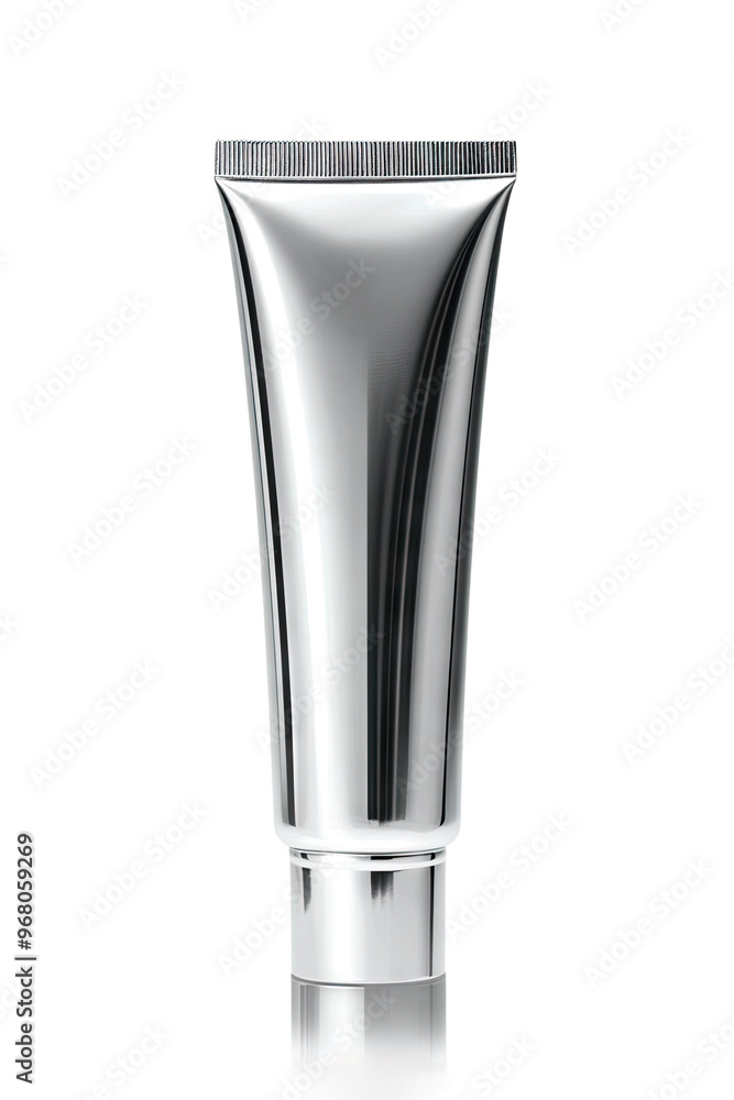 A silver tube of lotion or cream with a white cap. A silver tube of lotion or cream with a white cap.