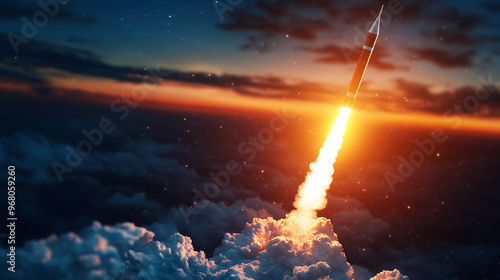 A striking image of a rocket launching into the sky at sunset, symbolizing innovation and the spirit of exploration.