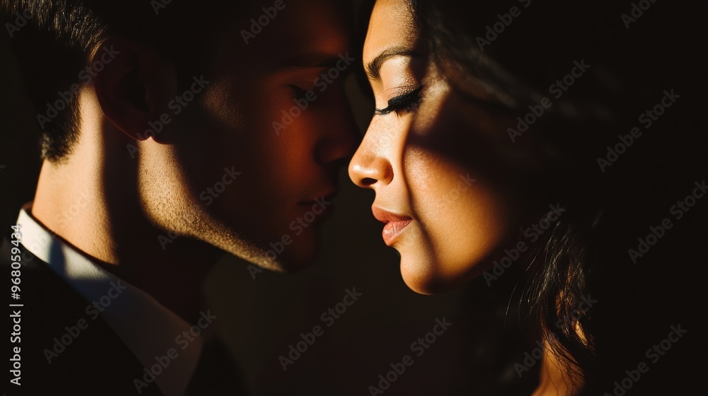 Romantic couple sharing an intimate moment in soft lighting during an evening gathering Romantic couple sharing an intimate moment in soft lighting during an evening gathering