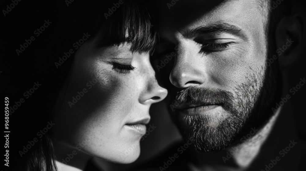 Couple sharing an intimate moment with soft lighting in black and white during a cozy evening Couple sharing an intimate moment with soft lighting in black and white during a cozy evening